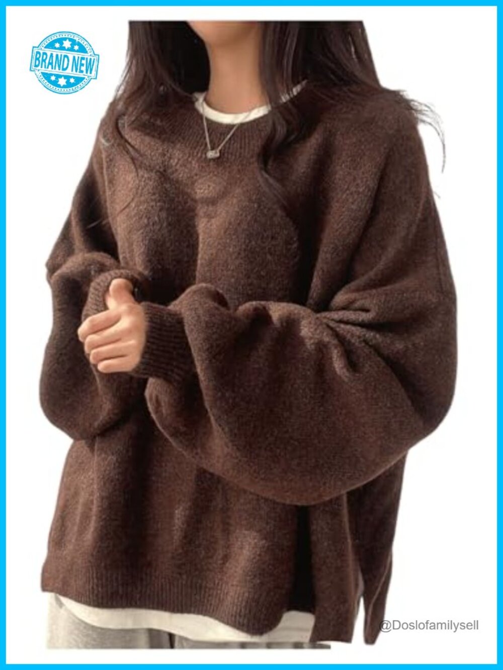 Oversized Ribbed Knit Pullover Sweater Lantern Sleeve Crew Neck